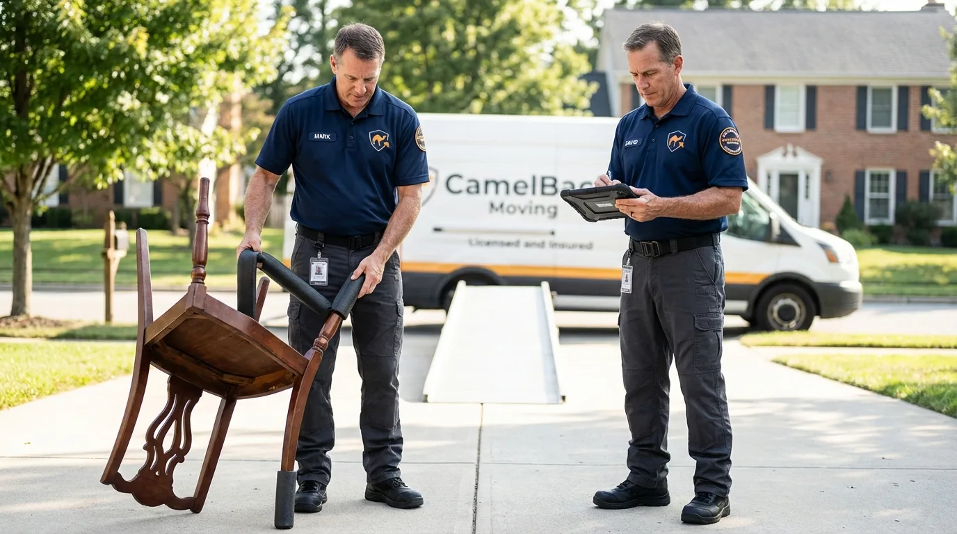 Movers inspecting furniture for damage prevention before loading in Grayslake, IL