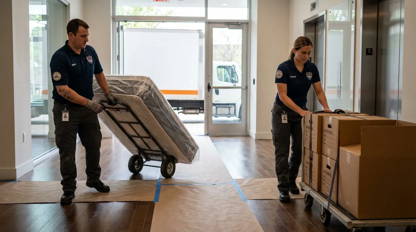 Professional apartment movers loading elevator in Grayslake, IL