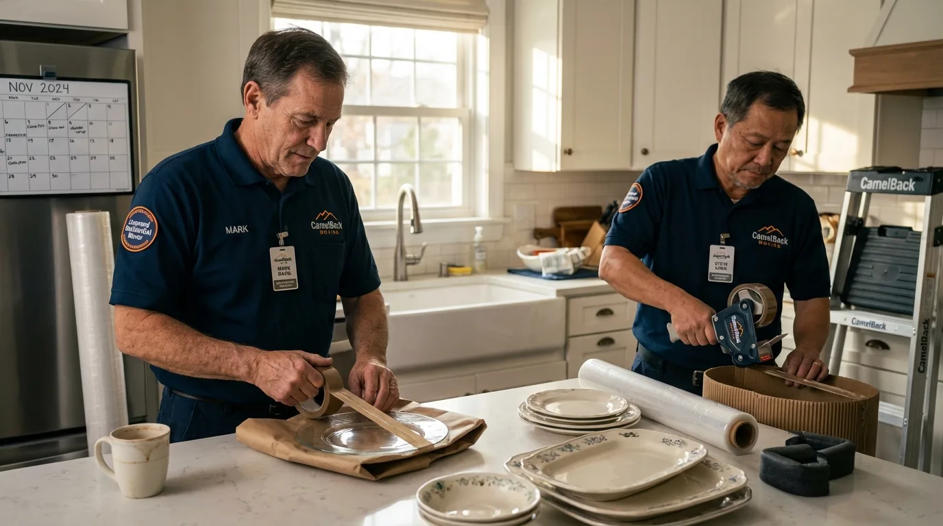 Professional crew packing kitchen dishware in Grayslake, IL